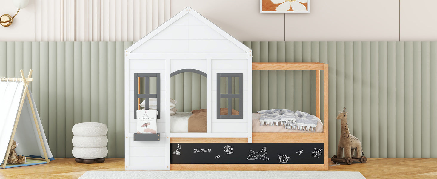 Twin Size House Shaped Canopy Bed with Black Roof and White